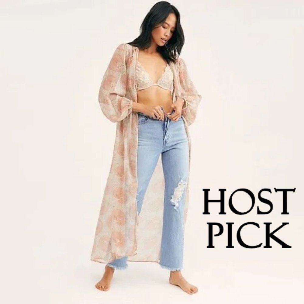 Free People long sleeve floral print semi-sheer longline duster